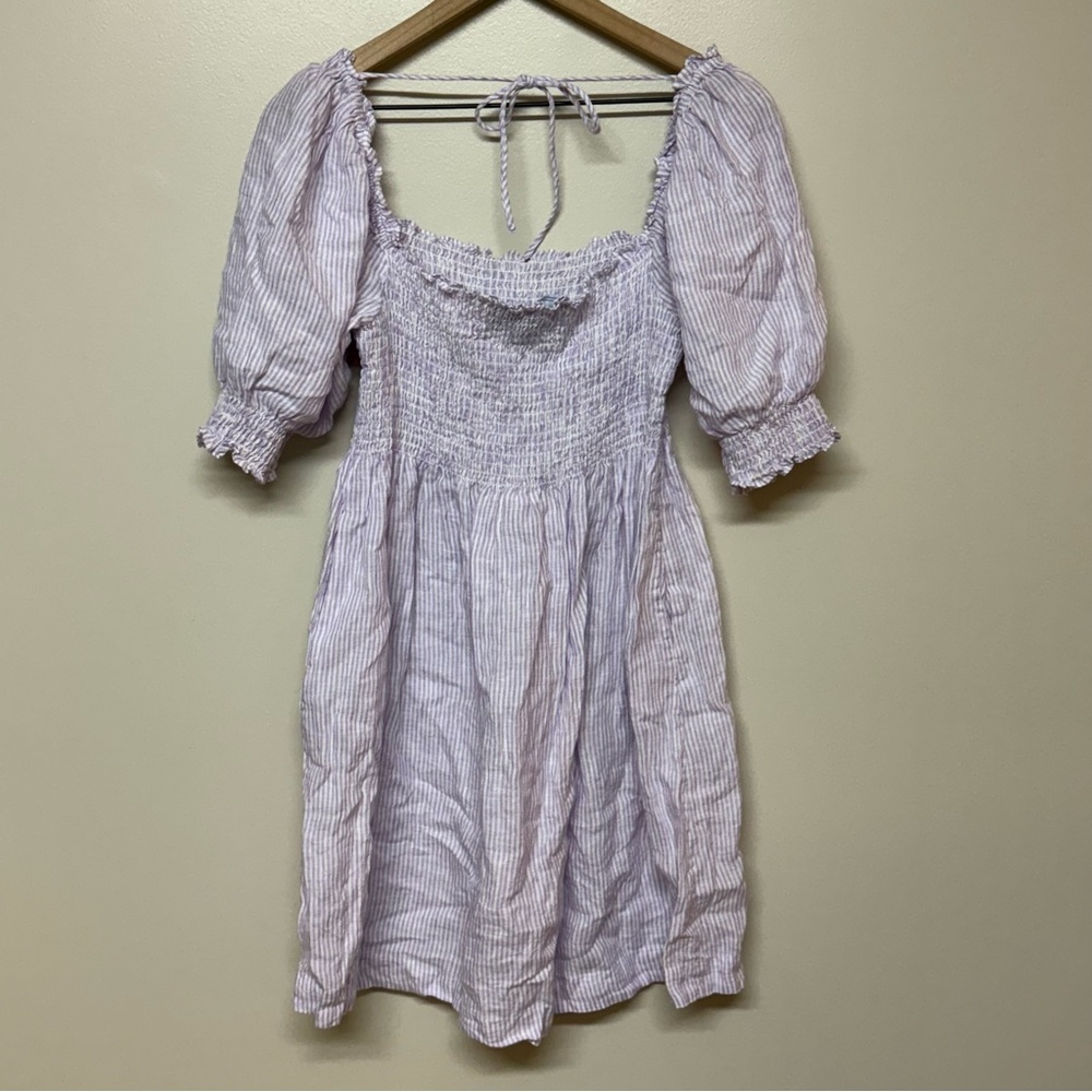 Hill House Athena Nap Dress Linen Lilac Stripe Puff-sleeve Smocked, Med - Picture 3 of 8